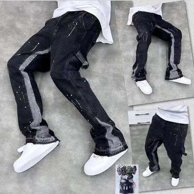 하이 스트리트 남성 직선 청바지 인쇄 디자인과 어두운 세탁에서 약간의 플라크