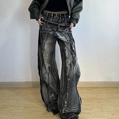 폴리에스터/ 면화 세탁 Y2K 과대 크기의 웨이브 디자인 남성과 여성용 넥타이 염색물 화물 바지